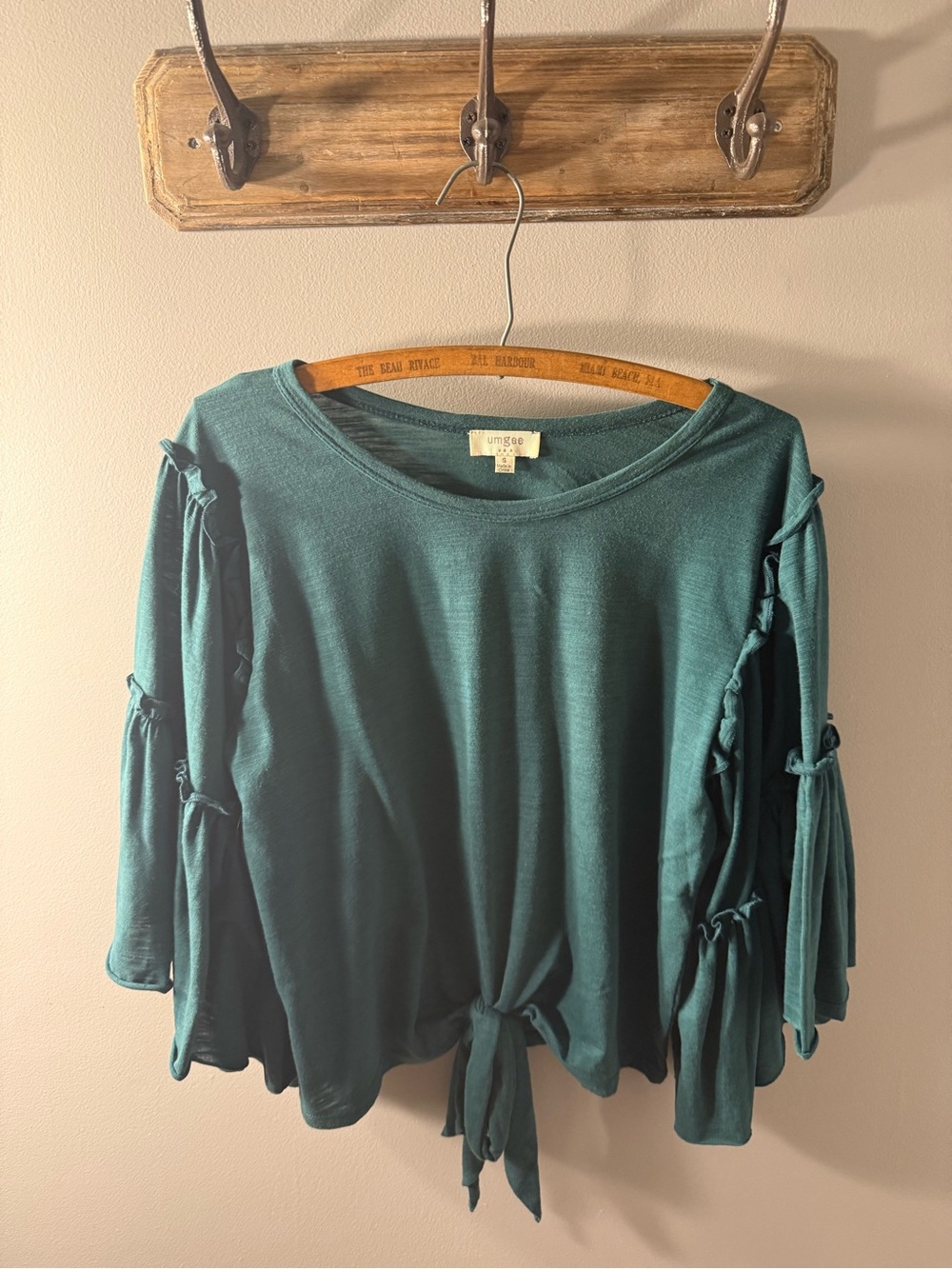 Umgee Teal Tie-Front Tiered Ruffle Bell Sleeve Top